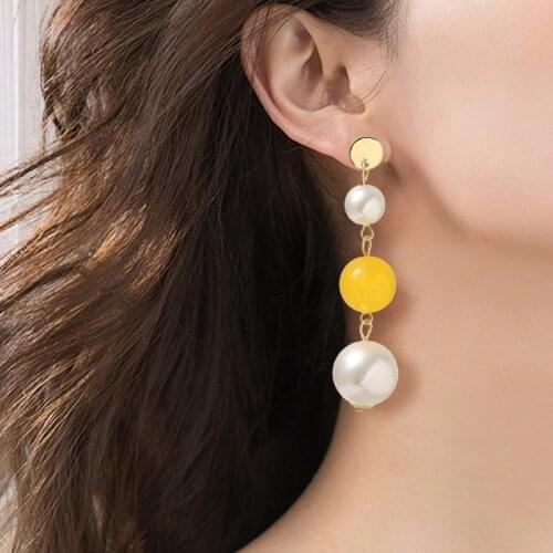 S925 Needle Korean Yellow Beaded Imitation Pearl Long Dangle Earrings for Women Wedding Party Jewelry Boucles d'oreilles