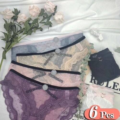 6Pcs/Lot French Hollow Out Sexy Transparent Underwear Women Erotic Heart Decoration Panties Floral Lace Briefs Set Seamless