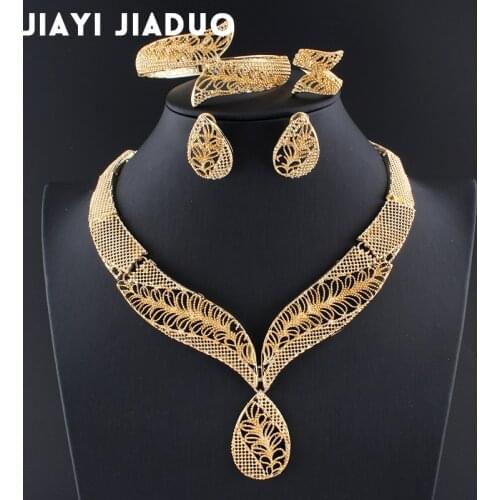 Jiayijiaduo African beads jewelry sets Gold color Necklace leaf earring Bracelet Wedding womens jewellery for womens jewelry