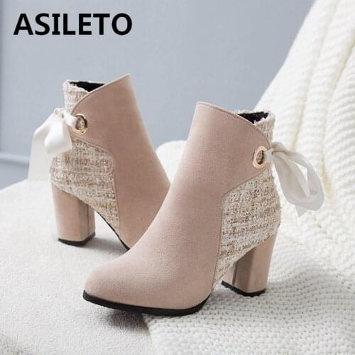 ASILETO Ankle boots for woman Patchwrok Round toe Bowtie Female Zipper 2022 New Spring Autumn High heels boots Warm Cool S2405