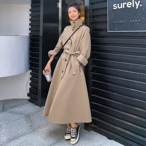 Long Korean Fashion Womens Khaki Trench Coat 2021 Spring Autumn New Loose Lapel Single-Breasted Solid Color Windbreaker Female
