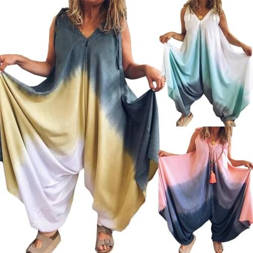 2021 Women Oversized Jumpsuit Drop Crotch Harem Rompers Gradient Color Wide Leg Sarouel High Elasticity Beach Streetwear
