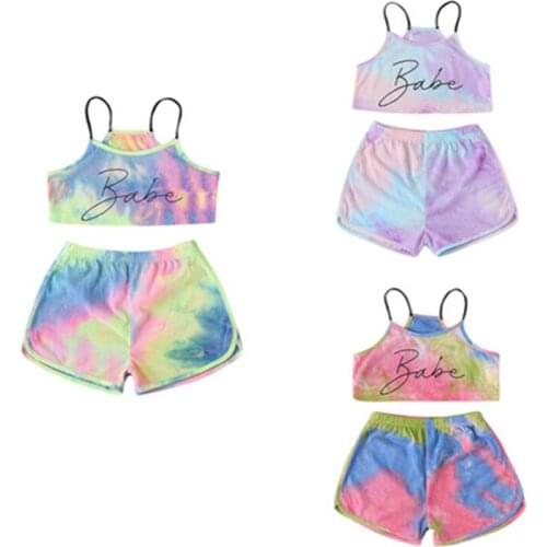 1-5Y Baby Girls Tie-dye Clothes Sets Sleeveless Letter Printed Pullover Camis Crop Tops Shorts 2pcs Girl Colorful Outfits
