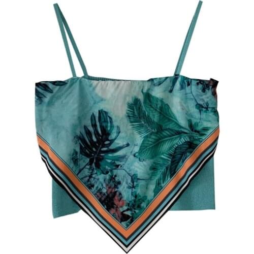 Y166 Women Summer Spaghetti Strap Tube Top Boho Paisley Leaves Print Slim Bandeau Camisole Sexy Knitted Backless Asymmetrical