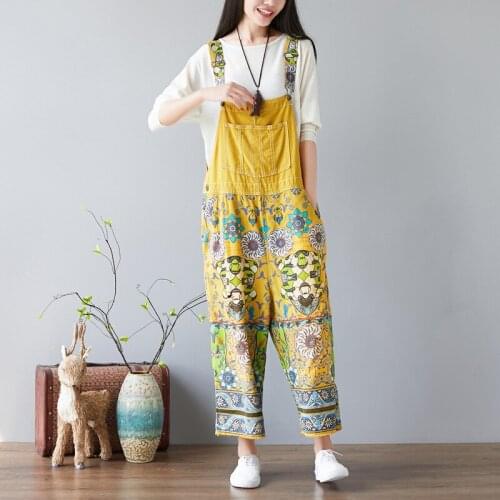Johnature New Vintage Women Jumpsuit Pockets Floral Print Loose 2021 Summer Fashion Casual Women Wide Leg Jumpsuit
