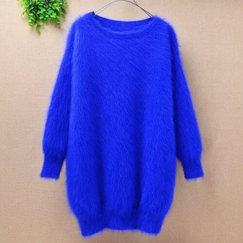 Ladies women medium long blue mink cashmere o-neck loose fluffy angora rabbit fur loose hand knitted pullover sweater dress