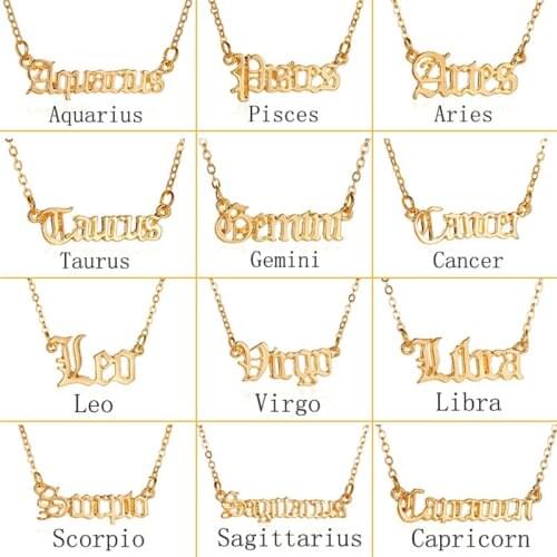 Twelve Constellation Pendant Necklace Jewelry Girls Alloy Zodiac English Letter Alphabet Chain Necklaces For Women
