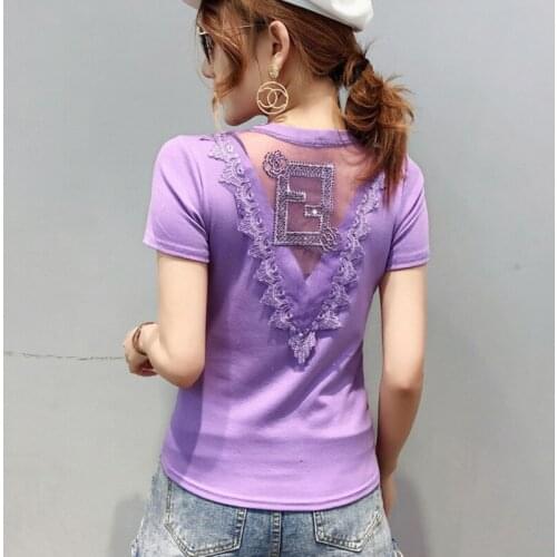 #6133 Black White Red Green Purple Short Sleeve T Shirt Women Fashion Spliced Gauze T-shirt Hollow Out Sexy Skinny Tee Shirt