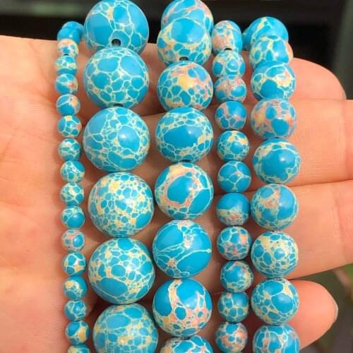 Natural Stone Lake Blue Sea Sediment Jaspers Imperial Turquoises Round Loose Spacer Beads For Jewelry Making 4 6 8 10 12mm 15"