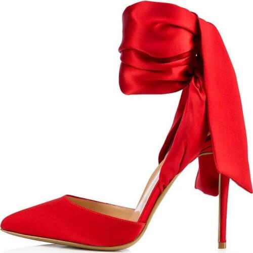 Carpaton 2018 Sexy pointed toe black red satin thin high heels ankle straps single shoes dinner shoes
