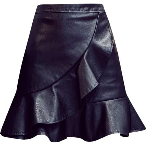 Black High-Waisted Short Womens Leather Skirt 2021 Harajuku Kawaii Ruffles Vintage Pu Mini Pleated Skirts For Girls