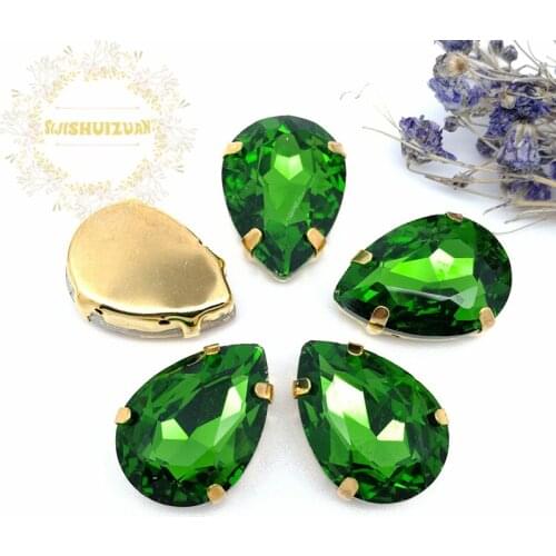 Best-selling Emerald Water droplet shape Crystal Glass Sew-on Rhinestones with gold Claw DIY wedding Dresses and Clothes