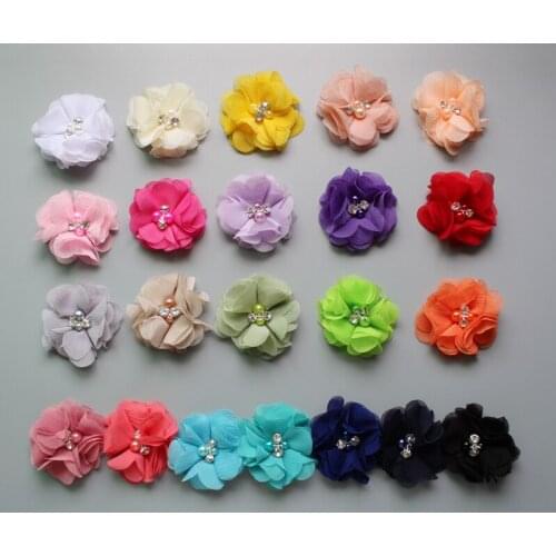 DHL freeshipping 2.3" mini chiffon flower hand sewing crystal and pearl DIY flowers hair accessories Wholesale 1000pcs/lot