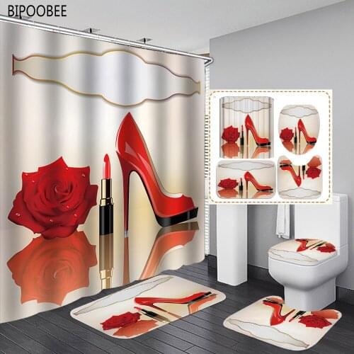 Fashion Red High Heels Modern Shower Curtain Lipstick Rose Pattern Bathroom Curtains Toilet Cover Bath Mats Rugs Non Slip Carpet