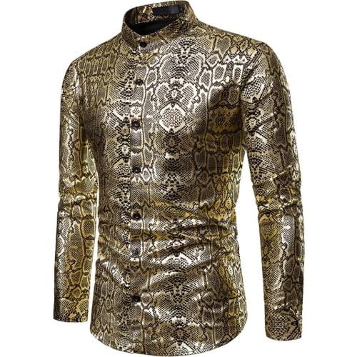 Mens Shiny Leaves Gold PrintedFashion Men Shirt Men Slim Fit Mandarin Collar Dress Shirts breathable Shirt Clothing