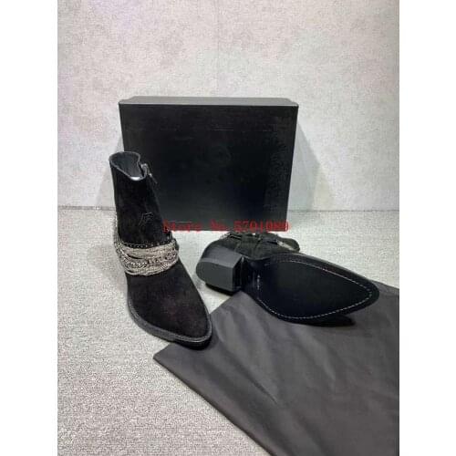 Man Fashion Black Suede Western Chain Suede Boots Punk Rock Street Style Roll Western Cowboy Chain Boots Runway Show Shoes