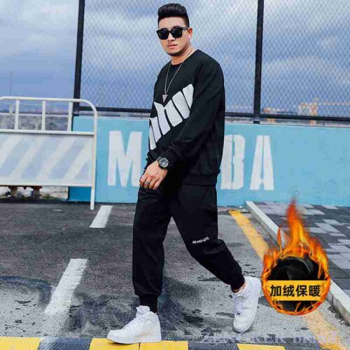Male plus fat plus size suit plus velvet thickening casual tide fat two-piece warm long-sleeved sweater and trousers 130 kg 6xl