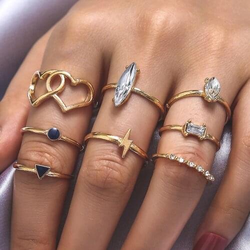 Brand New Bohemian Ring Sets Heart Heart-shaped Rings Crystal Geometric Knuckle Lightning Rings For Women Wedding Jewelry Gifts