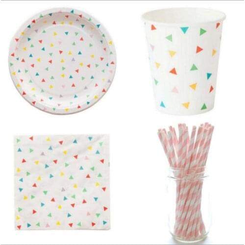 Event & Party Supplies Disposable White Tableware Set With Colorful Triangle Pattern Paper Plates, Cups, Napkins, Straws 81Pcs