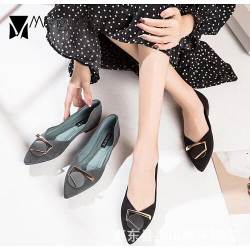 Office Round buckle metal decoration flock loafers women flats shoes woman slip on shallow pointed toe antiskid moccasins 2020