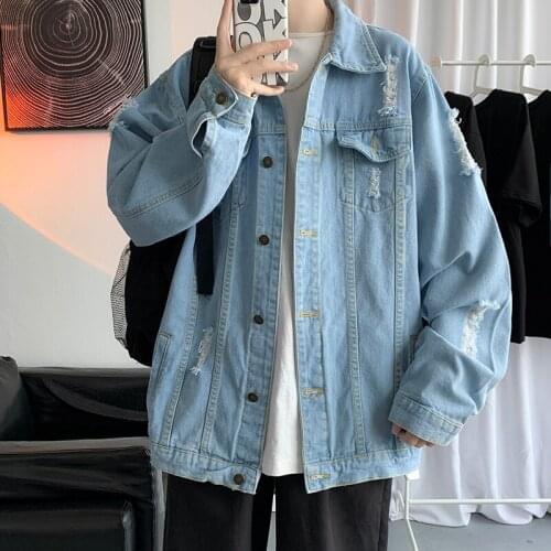 2021 Autumn Mens Denim Jacket Loose Washed Frayed Denim Jacket Mens Plus Size Casual Korean Jackets for Men Clothing 2021