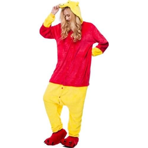 2020 Adults Animal Pajamas Cartoon Sleepwear Winnie Bear Pajamas Sets Anime Kigurumi Women Men Warm Flannel Hooded