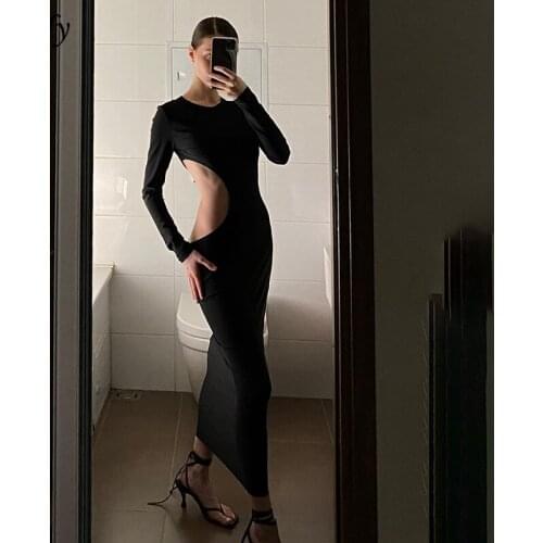 JuSaHy Elegant Solid Maxi Dress for Women Sexy Hollow Out Long Sleeves O-Neck Stretched Party Streetwear Female Autumn Outfits