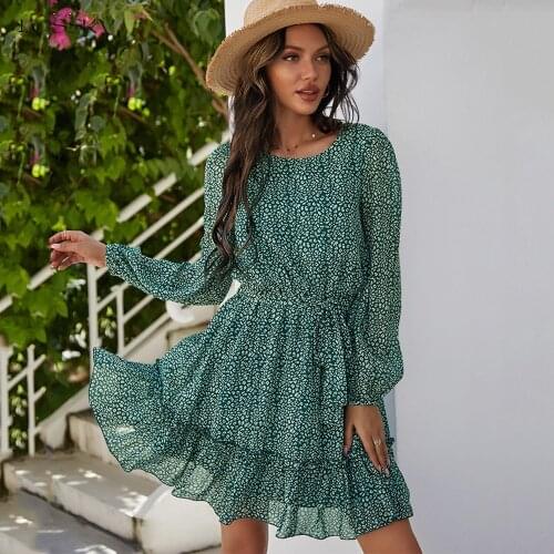 Dress Pink Ladies Casual Print Ruffle Sashes Slim Holiday Chiffon Dresses Trendy Clothes For Women Fall Autumn New Arrival 2021