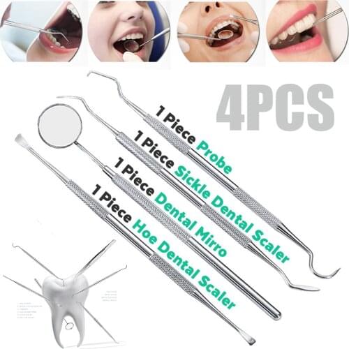 4Pcs/ Set Dental Mirror Stainless Steel Dental Dentist Prepared Tool Set Probe Tooth Care Kit Instrument Hoe Sickle Scaler