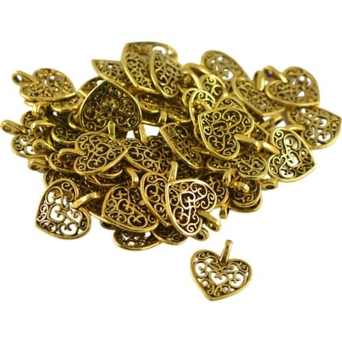 50 Pieces Vintage gold color Filigree Hollow Heart Pendant Charms Jewelry Making Findings DIY for Necklace Pendant Bag Keyring