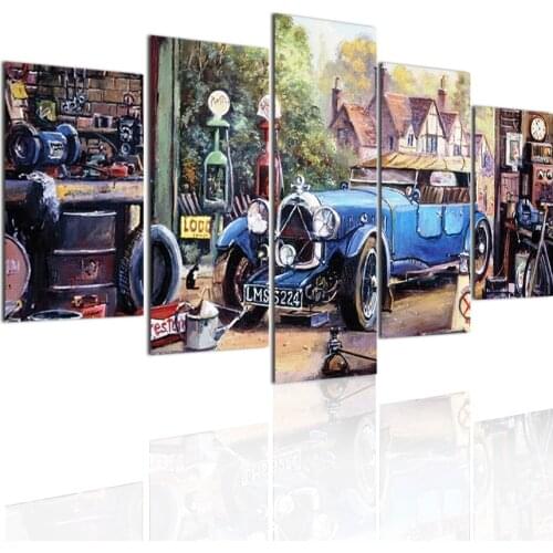 Vintage Garage Blue Car 5 Panels DIY Wood Frame Canvas Painting Posters Wall Art Print Picture for Living Room Home Decoration