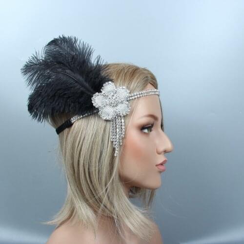 Women Vintage Feather Headband Black Rhinestone Beaded Sequin Hair Band 1920s Gatsby Party Headpiece Flapper Feather Headband