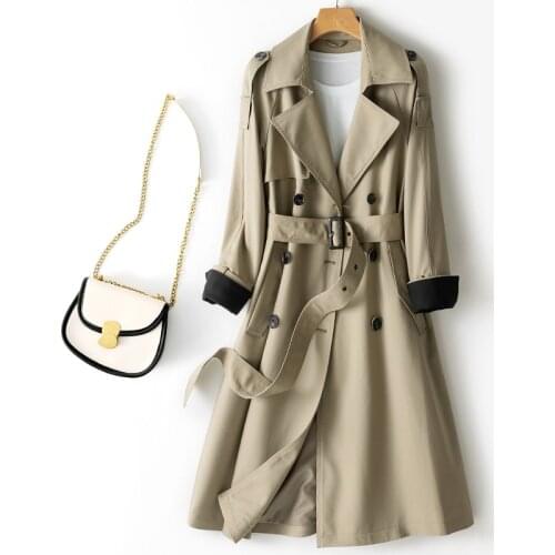 Womens Long Trench Coats New Autumn Lapel Double Breasted Slim Windbreaker Korean Elegant Belted Solid Coat Ladies Outwear n92