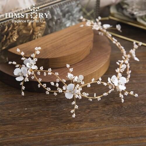 Himstory Handmade Flower Petal Hairband Measle Beaded Crystal Bridal Wedding Headband Women Hair Jewelry Floral Hair Accessories