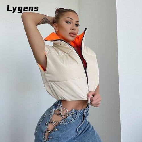 Lygens 2021 Autumn Winter Women Cotton Padded Vest Jacket Crop Top Sleeveless Zipper Tuetleneck Casual Streetwear Clthing