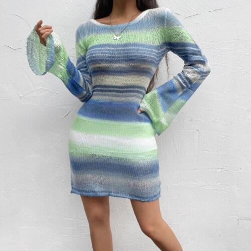 Sexy Backless Slim Long Sleeve Patchwork Women Dress High Waist Wrap Striped Elegant Streetwear Party Female Dress Vestidos 2021