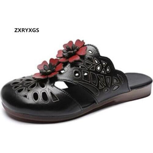 2021 New Round Toe Flowers Hollow Genuine Leather Slipper Flat Sandals Soft Sole Comfortable Shoes Fashion Slipper Women Sandals