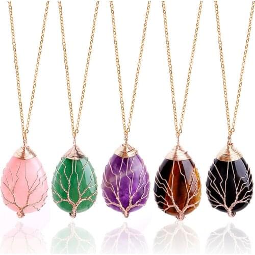 Natural Stone Binding Wire Lucky Tree Water Drop Pendant Necklace Women Jewelry Choker O-chain Healing Crystal Europe