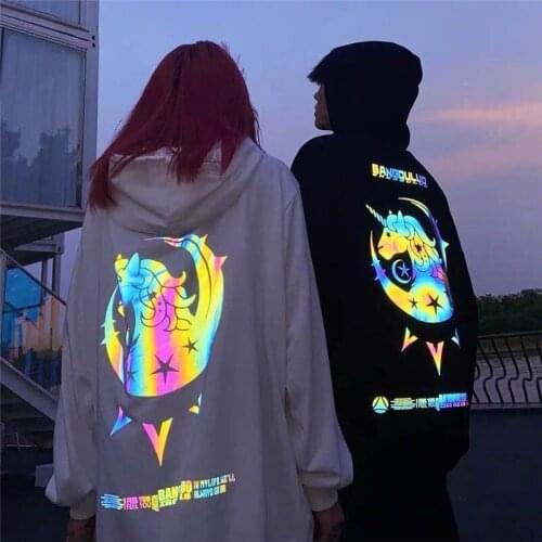 Black Reflective Sweatshirt Men Unicorn Hoodie Loose Casual Long Sleeve Pullover Harajuku Tops Streetwear Male Autumn Hoody Girl