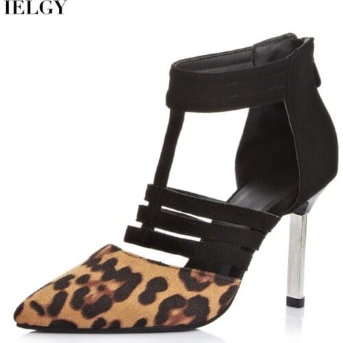IELGY Womens sandals stiletto large size Leopard print pointed toe high heels black zipper solid color non-slip sole