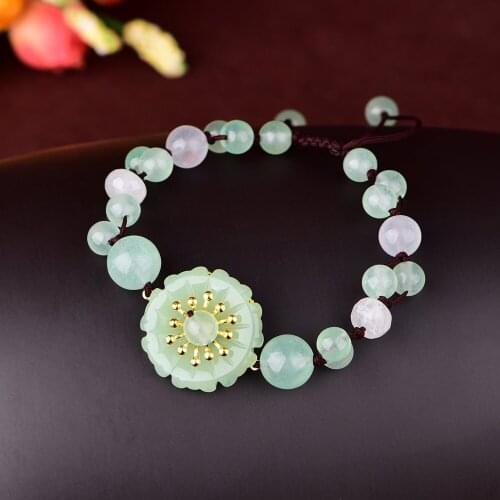 Green Jade Stone Jadeite Emerald Flower Bracelet Charm Jewellery Fashion Accessories Chinese Carved Amulet Gifts for Women Her