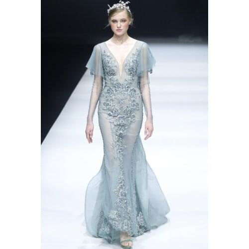 2018 Jusere Green Mermaid Fitted V-Neck Long Sleeve Appliqued Embroidered Beaded Evening Dresses Open Back Prom Party Gown