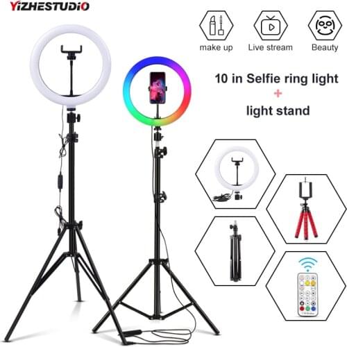 Yizhestudio 10in Selfie Ring Light with Stand tripod Dimmable LED Ring Lamp with Phone Holder USB Plug for Live Video Streaming