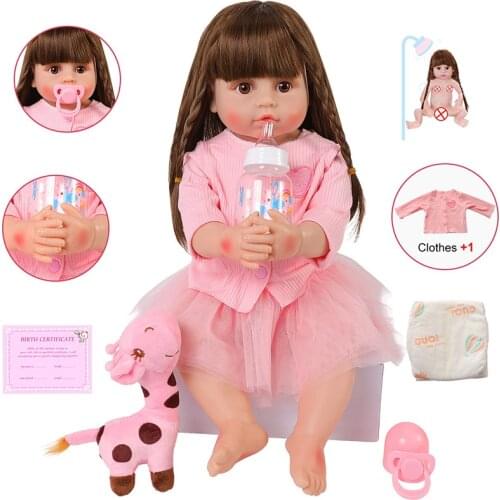 56CM Lifelike Reborn Baby Doll With Brown Eyes Realistic 22''Newborn Baby Dolls Full Body Silicone Pink Clothes Adorable Boneca
