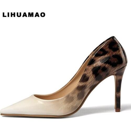 LIHUAMAO women high heel shoes gradients color ladies pumps stilletto heels pointed toe sexy leopard party wedding shoes