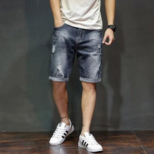 Summer New Mens Denim Shorts Fashion Slim Fit Elastic Cotton Blue Wash Ripped Jeans Male Brand Clothes Denim Jeans for Men 226