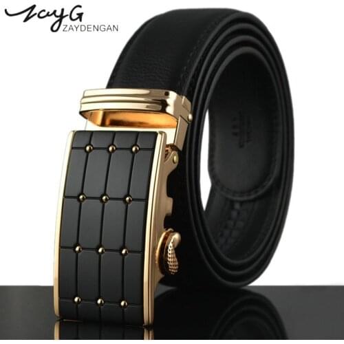 ZAYG Men Fashion Gold Automatic Buckle Belts Genuine Leather Cowskin High Quality Black Belt Men Casual Business Buckle Belts