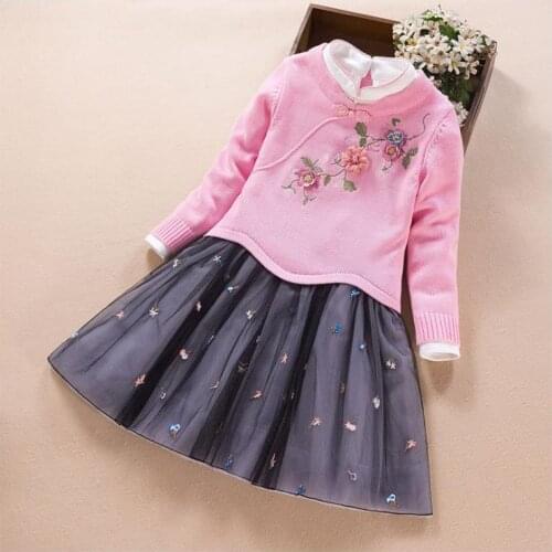 European and American autumn new 2019 Parent-child outfit Embroidered sweater Two pieces of girls gauze dress