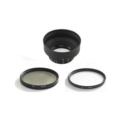 3 in 1 49 52 55 58 62 67 72 77mm Rubber Lens Hood +UV Filter +P olarizer CPL Filter for Canon Nikon Sony DSLR CAMERA