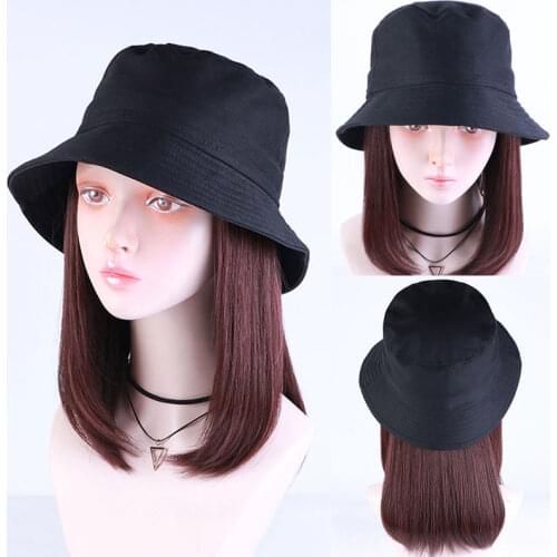 Synthetic Long Wavy Hair with Hat Wig for Women Natural Hair Color Brown Black Short Hair Extension Girls daily wear hat MUMUPI